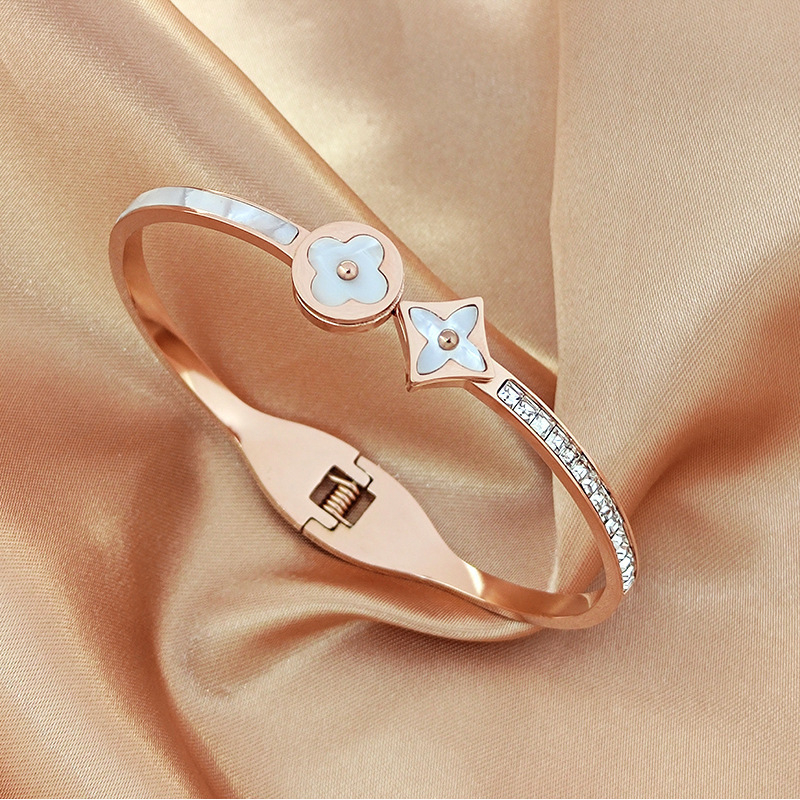 Brățară pentru femei din oțel titan, stil coreean, cu patru foi și diamante, Pretty Yun