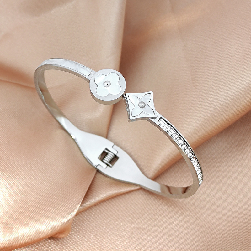 Brățară pentru femei din oțel titan, stil coreean, cu patru foi și diamante, Pretty Yun