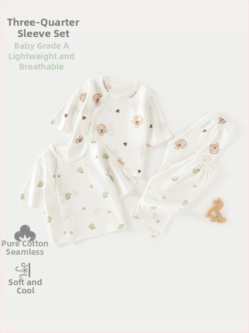 Set de pijamale din bumbac pentru bebeluți, unisex, din două piese, mâneci 3/4, 100% bumbac, material ușor de vară, imprimeu cu desene animate