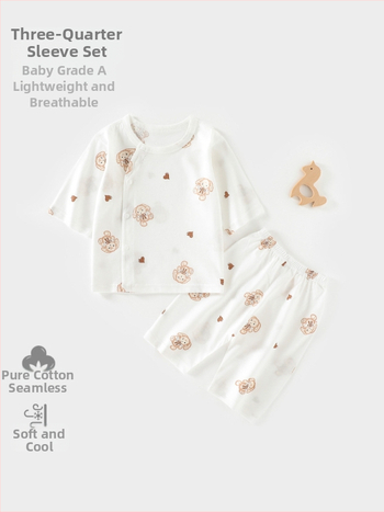 Set de pijamale din bumbac pentru bebeluți, unisex, din două piese, mâneci 3/4, 100% bumbac, material ușor de vară, imprimeu cu desene animate