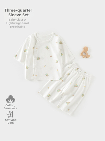 Set de pijamale din bumbac pentru bebeluți, unisex, din două piese, mâneci 3/4, 100% bumbac, material ușor de vară, imprimeu cu desene animate