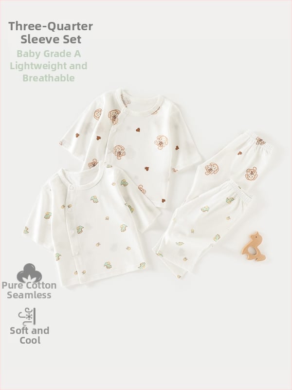 Set de pijamale din bumbac pentru bebeluți, unisex, din două piese, mâneci 3/4, 100% bumbac, material ușor de vară, imprimeu cu desene animate