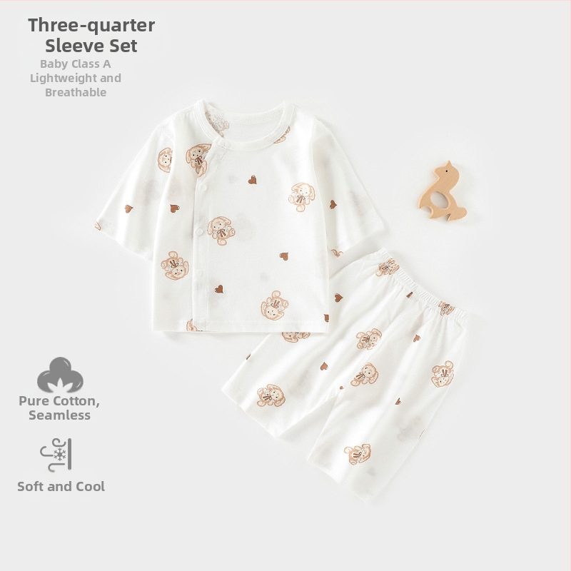 Set de pijamale din bumbac pentru bebeluți, unisex, din două piese, mâneci 3/4, 100% bumbac, material ușor de vară, imprimeu cu desene animate