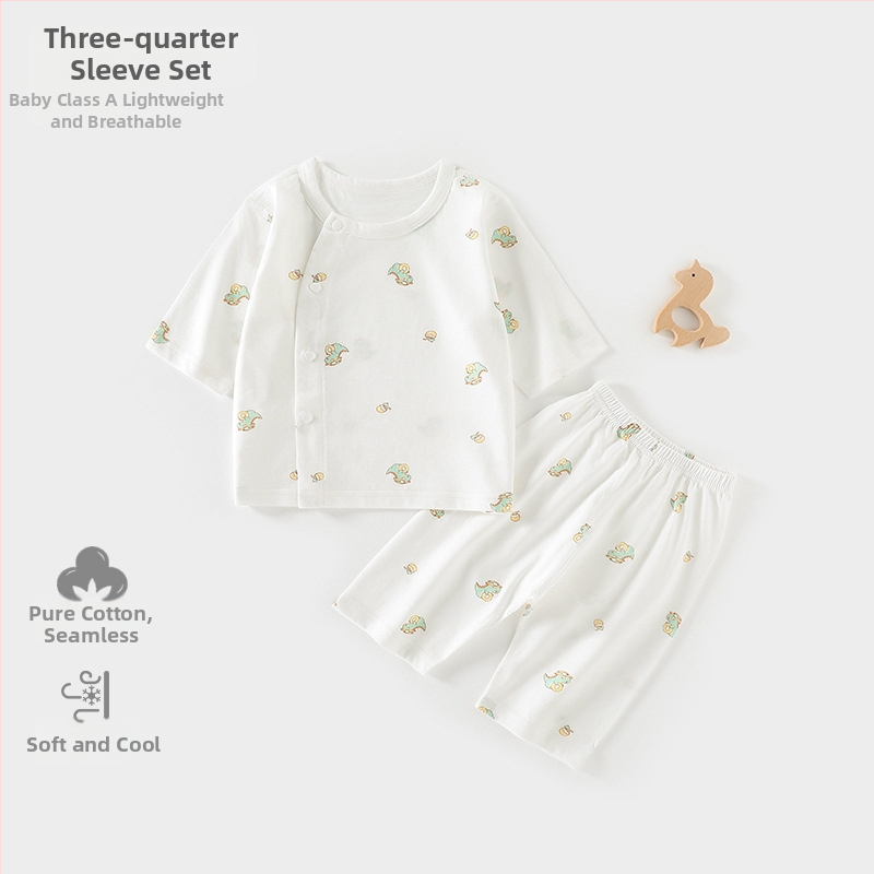 Set de pijamale din bumbac pentru bebeluți, unisex, din două piese, mâneci 3/4, 100% bumbac, material ușor de vară, imprimeu cu desene animate