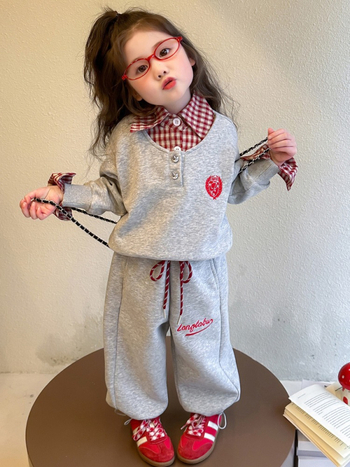 Djevojčice dvodijelni set: sweatshirt s polo izvezom u korejskom stilu, jesen, dugi rukavi, 55% pamuka