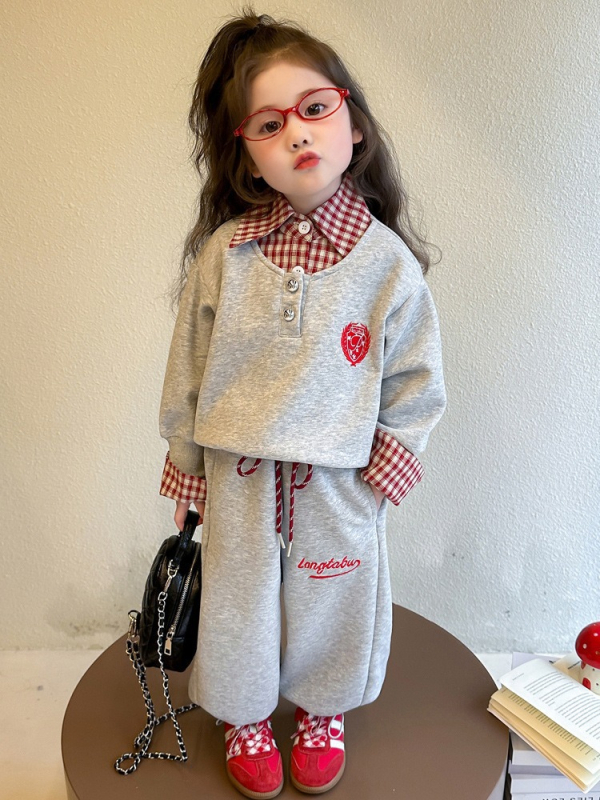 Djevojčice dvodijelni set: sweatshirt s polo izvezom u korejskom stilu, jesen, dugi rukavi, 55% pamuka