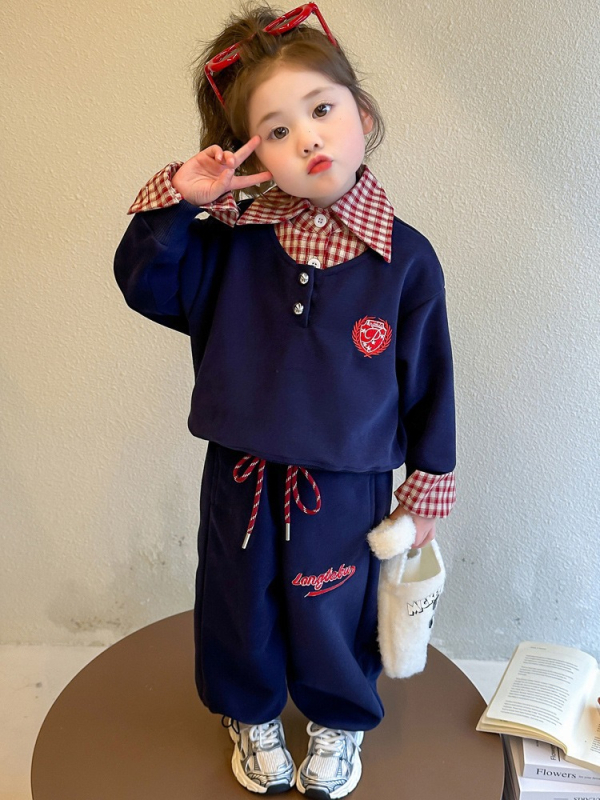 Djevojčice dvodijelni set: sweatshirt s polo izvezom u korejskom stilu, jesen, dugi rukavi, 55% pamuka