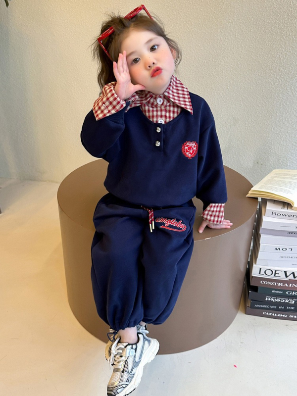 Djevojčice dvodijelni set: sweatshirt s polo izvezom u korejskom stilu, jesen, dugi rukavi, 55% pamuka