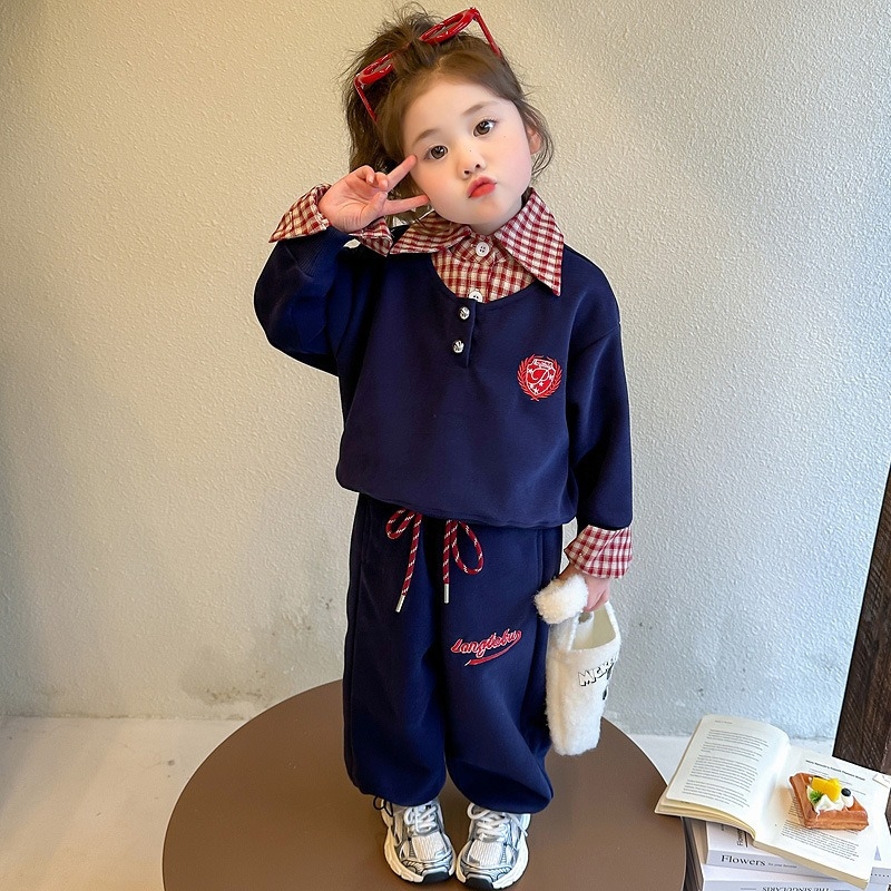 Djevojčice dvodijelni set: sweatshirt s polo izvezom u korejskom stilu, jesen, dugi rukavi, 55% pamuka