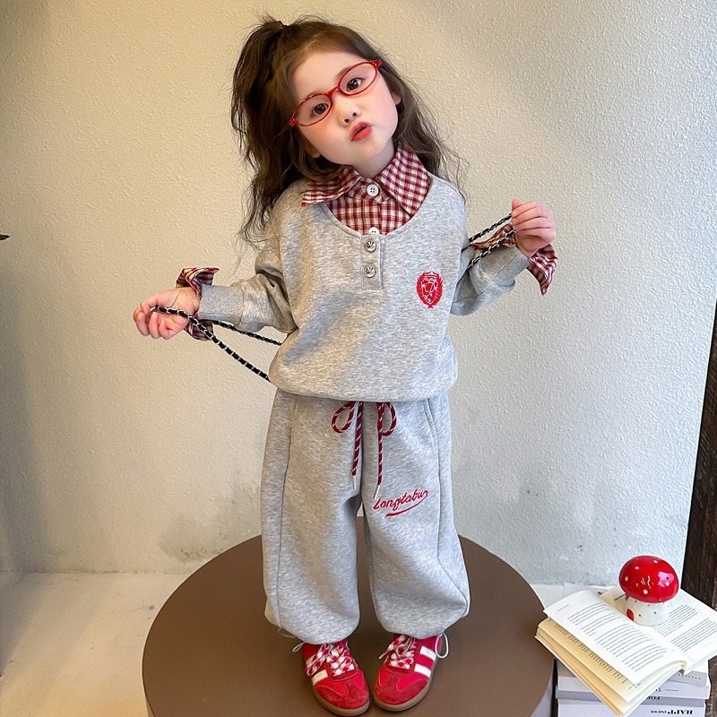 Djevojčice dvodijelni set: sweatshirt s polo izvezom u korejskom stilu, jesen, dugi rukavi, 55% pamuka