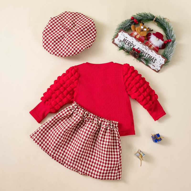 Set de iarnă în 3 piese pentru fete: tricou cu mâneci lungi, fustă plisată, pălărie; material tricotat poliester 95%