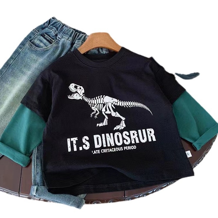 Dječje majice s dugim rukavima od pamuka, s motivom dinosaura, okrugli izrez, 100% pamuk, za dječake 3–8 godina, casual stil