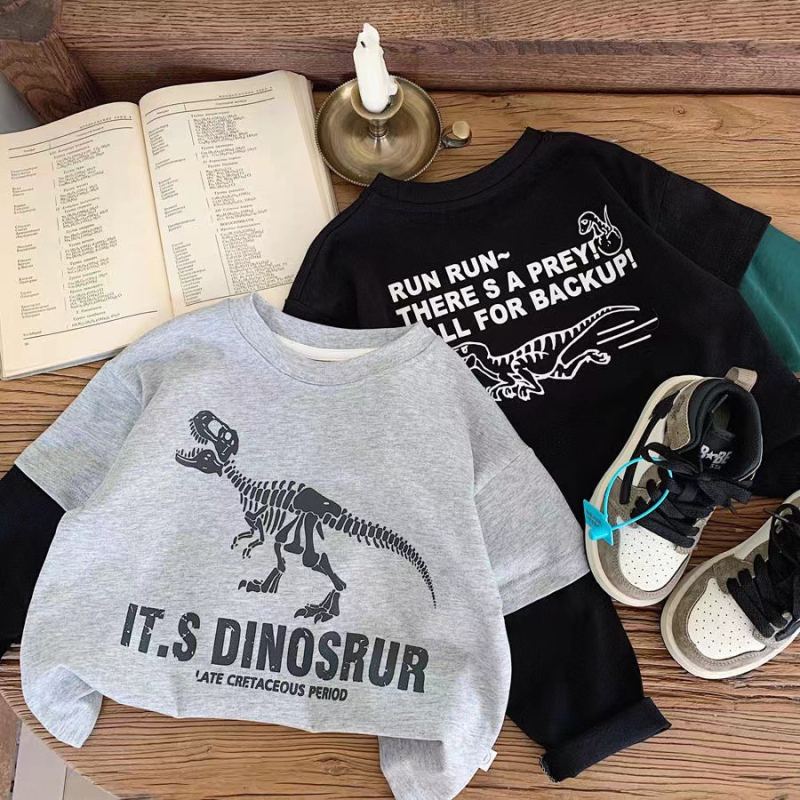 Dječje majice s dugim rukavima od pamuka, s motivom dinosaura, okrugli izrez, 100% pamuk, za dječake 3–8 godina, casual stil