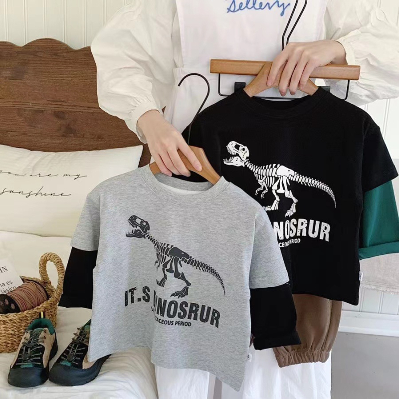 Dječje majice s dugim rukavima od pamuka, s motivom dinosaura, okrugli izrez, 100% pamuk, za dječake 3–8 godina, casual stil