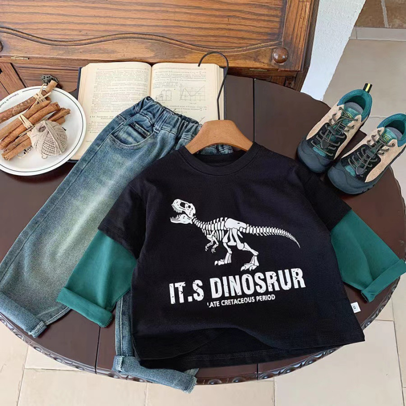 Dječje majice s dugim rukavima od pamuka, s motivom dinosaura, okrugli izrez, 100% pamuk, za dječake 3–8 godina, casual stil