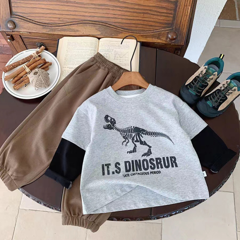 Dječje majice s dugim rukavima od pamuka, s motivom dinosaura, okrugli izrez, 100% pamuk, za dječake 3–8 godina, casual stil