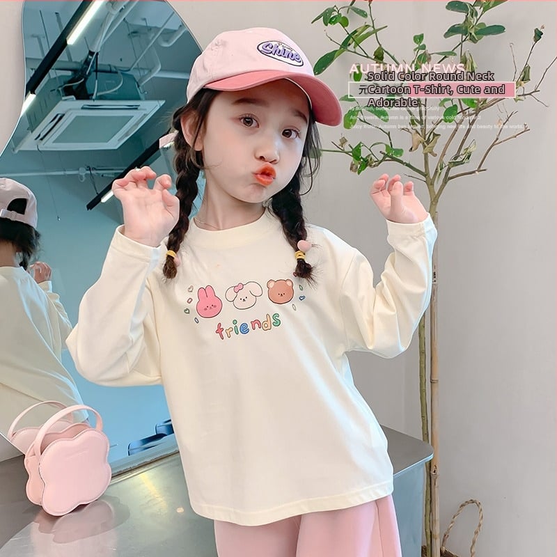 Tricou pentru copii cu mâneci lungi, 100% bumbac, guler rotund, imprimeu desen animat