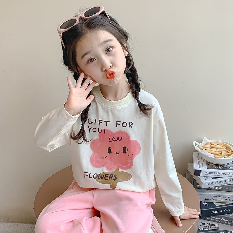 Tricou pentru copii cu mâneci lungi, 100% bumbac, guler rotund, imprimeu desen animat