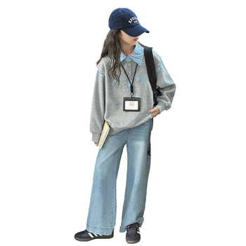 Costum copii din două piese: bumbac (55% material principal), top cu mânecă lungă brodat, sezon toamnă, pentru copii peste 8 ani