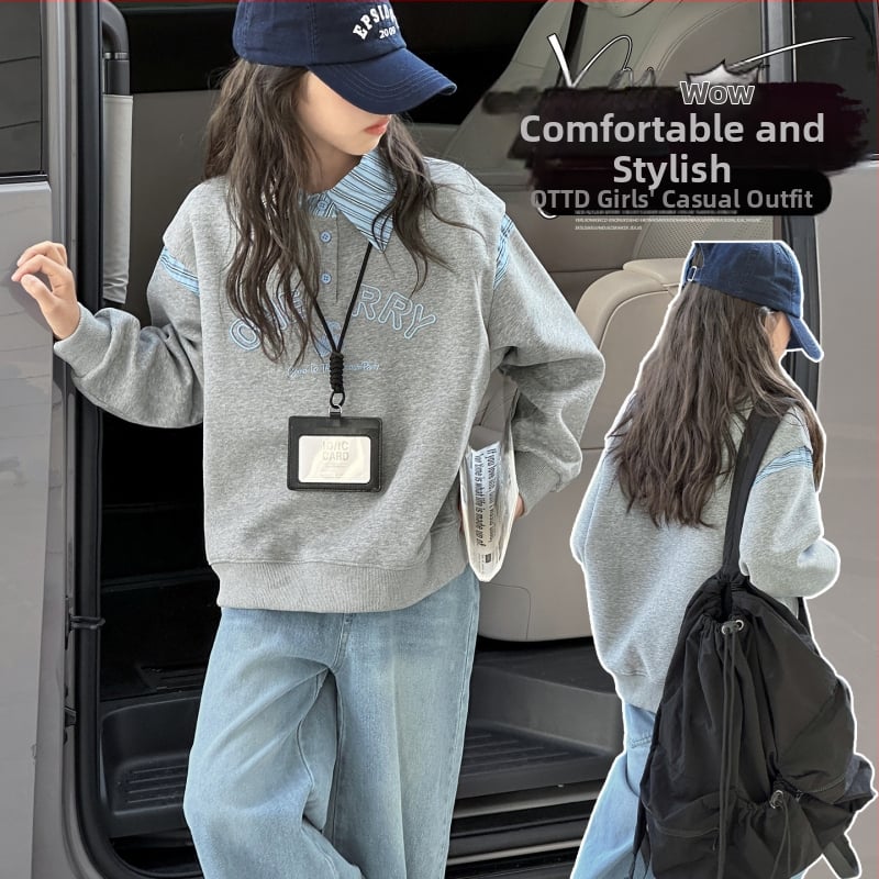 Costum copii din două piese: bumbac (55% material principal), top cu mânecă lungă brodat, sezon toamnă, pentru copii peste 8 ani