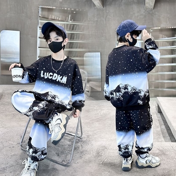 Fiúknak szóló gyerek sportos két darabos készlet, hosszú ujjú, karikatúra mintával, 3–8 éveseknek, poliészter 50% (X106)