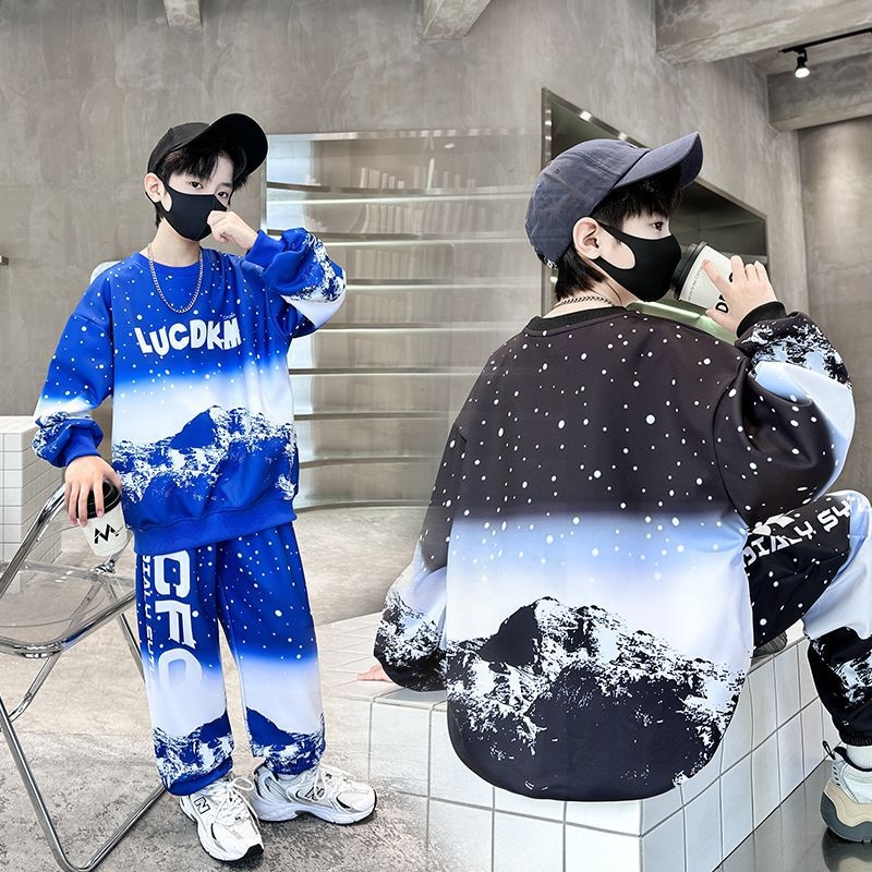 Fiúknak szóló gyerek sportos két darabos készlet, hosszú ujjú, karikatúra mintával, 3–8 éveseknek, poliészter 50% (X106)