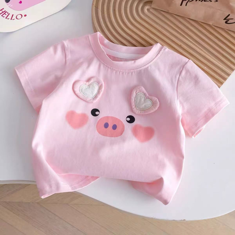 Dječja kratka majica za djevojčice, 100% pamuk, korejski stil, 3D motiv srce svinja, okrugli izrez