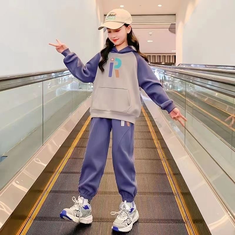 Set pentru fetițe din bumbac cu hanorac și pantaloni — mâneci lungi, imprimeu cu litere, stil casual, potrivit pentru toamnă, iarnă și primăvară