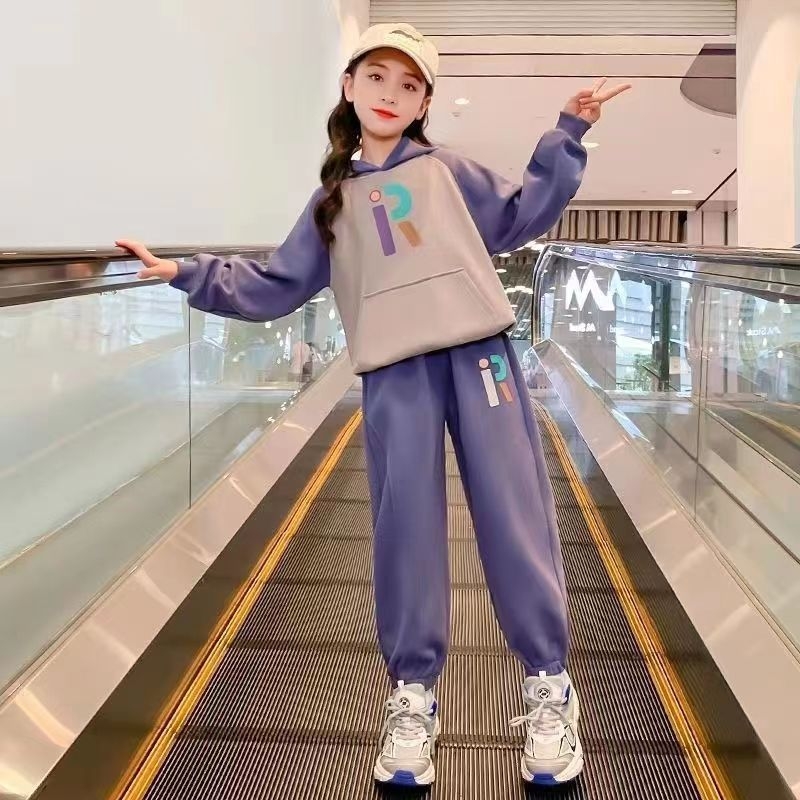 Set pentru fetițe din bumbac cu hanorac și pantaloni — mâneci lungi, imprimeu cu litere, stil casual, potrivit pentru toamnă, iarnă și primăvară