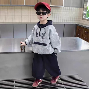 Set two-piece cu glugă pentru copii — imprimeu cu desene animate, mâneci lungi (bumbac 52%, pentru vârsta 3–8 ani, primăvară-toamnă)