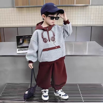 Set two-piece cu glugă pentru copii — imprimeu cu desene animate, mâneci lungi (bumbac 52%, pentru vârsta 3–8 ani, primăvară-toamnă)