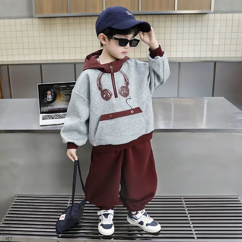 Set two-piece cu glugă pentru copii — imprimeu cu desene animate, mâneci lungi (bumbac 52%, pentru vârsta 3–8 ani, primăvară-toamnă)