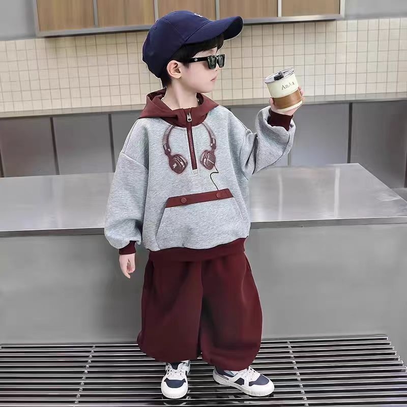 Set two-piece cu glugă pentru copii — imprimeu cu desene animate, mâneci lungi (bumbac 52%, pentru vârsta 3–8 ani, primăvară-toamnă)