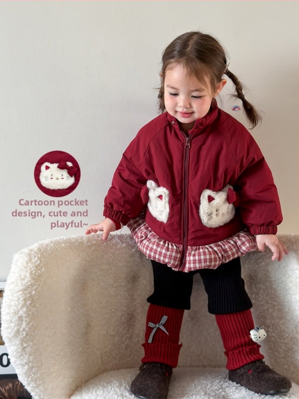 Geacă de iarnă pentru fetițe, bumbac gros, guler înalt, fermoar, model desen animat