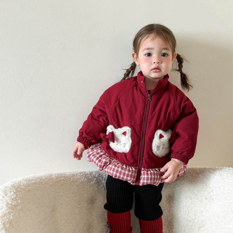 Geacă de iarnă pentru fetițe, bumbac gros, guler înalt, fermoar, model desen animat