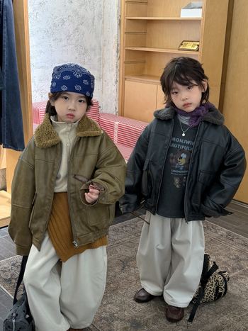 Jachetă din piele pentru băieți cu guler din blană, stil coreean, închidere cu fermoar, PU/poliester 50/50, iarnă, pentru copii 8+ ani