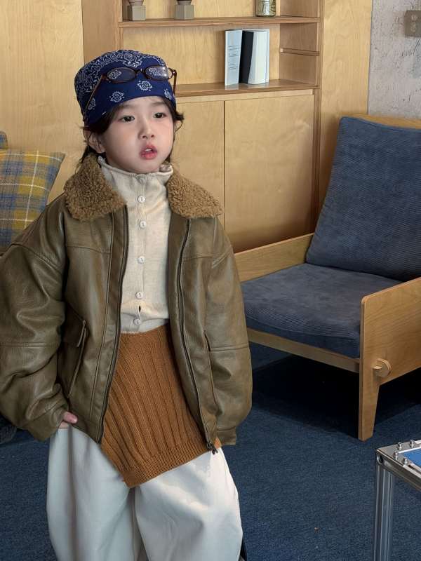 Jachetă din piele pentru băieți cu guler din blană, stil coreean, închidere cu fermoar, PU/poliester 50/50, iarnă, pentru copii 8+ ani