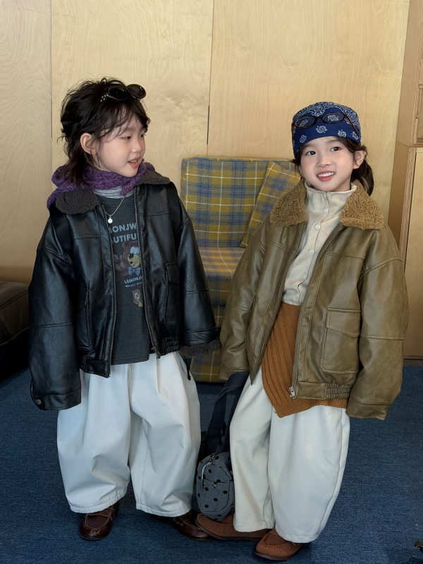 Jachetă din piele pentru băieți cu guler din blană, stil coreean, închidere cu fermoar, PU/poliester 50/50, iarnă, pentru copii 8+ ani