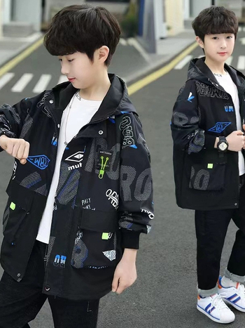 Jachetă de copii cu glugă și fermoar, unisex, lungime medie, țesătură poliesterică, pentru toamnă