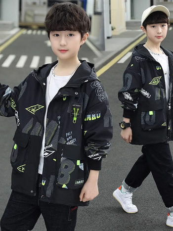 Jachetă de copii cu glugă și fermoar, unisex, lungime medie, țesătură poliesterică, pentru toamnă