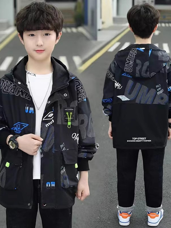 Jachetă de copii cu glugă și fermoar, unisex, lungime medie, țesătură poliesterică, pentru toamnă