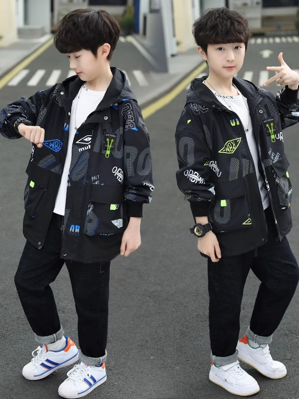 Jachetă de copii cu glugă și fermoar, unisex, lungime medie, țesătură poliesterică, pentru toamnă