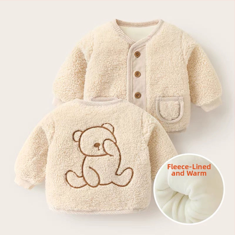 Jachetă bebeluș din fleece pluș – palton gros de iarnă, guler rotund, mâneci lungi, căptușeală poliester