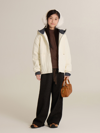 Geacă pentru fetițe cu patchwork, călduroasă, stil coreean, captușită, cu glugă, mâneci lungi, lungime medie, toamnă 2025