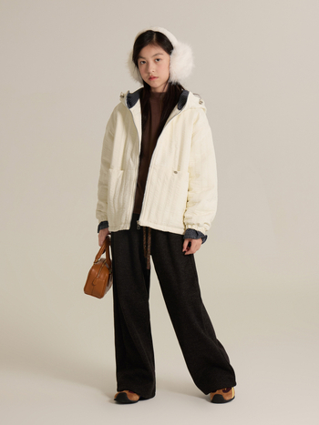 Geacă pentru fetițe cu patchwork, călduroasă, stil coreean, captușită, cu glugă, mâneci lungi, lungime medie, toamnă 2025