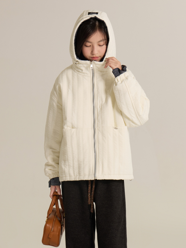 Geacă pentru fetițe cu patchwork, călduroasă, stil coreean, captușită, cu glugă, mâneci lungi, lungime medie, toamnă 2025