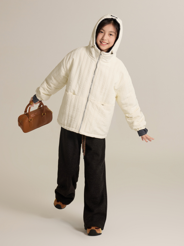 Geacă pentru fetițe cu patchwork, călduroasă, stil coreean, captușită, cu glugă, mâneci lungi, lungime medie, toamnă 2025