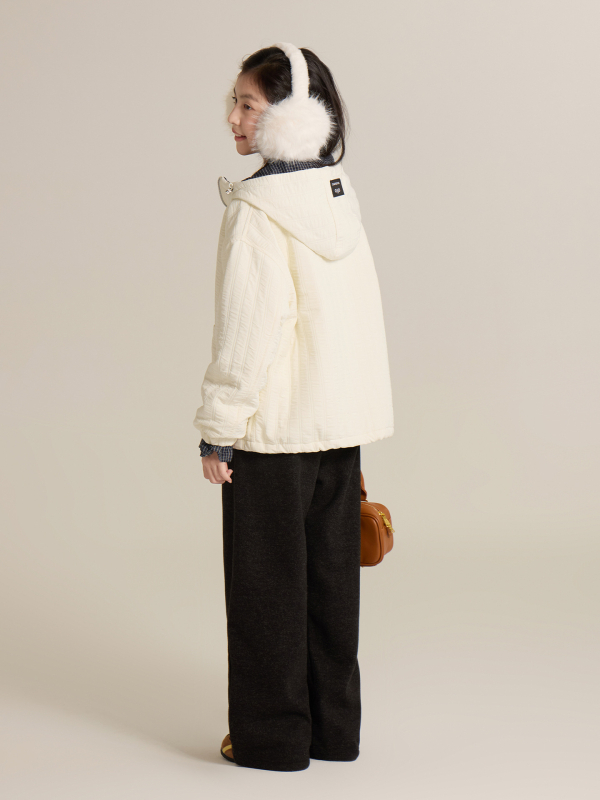 Geacă pentru fetițe cu patchwork, călduroasă, stil coreean, captușită, cu glugă, mâneci lungi, lungime medie, toamnă 2025