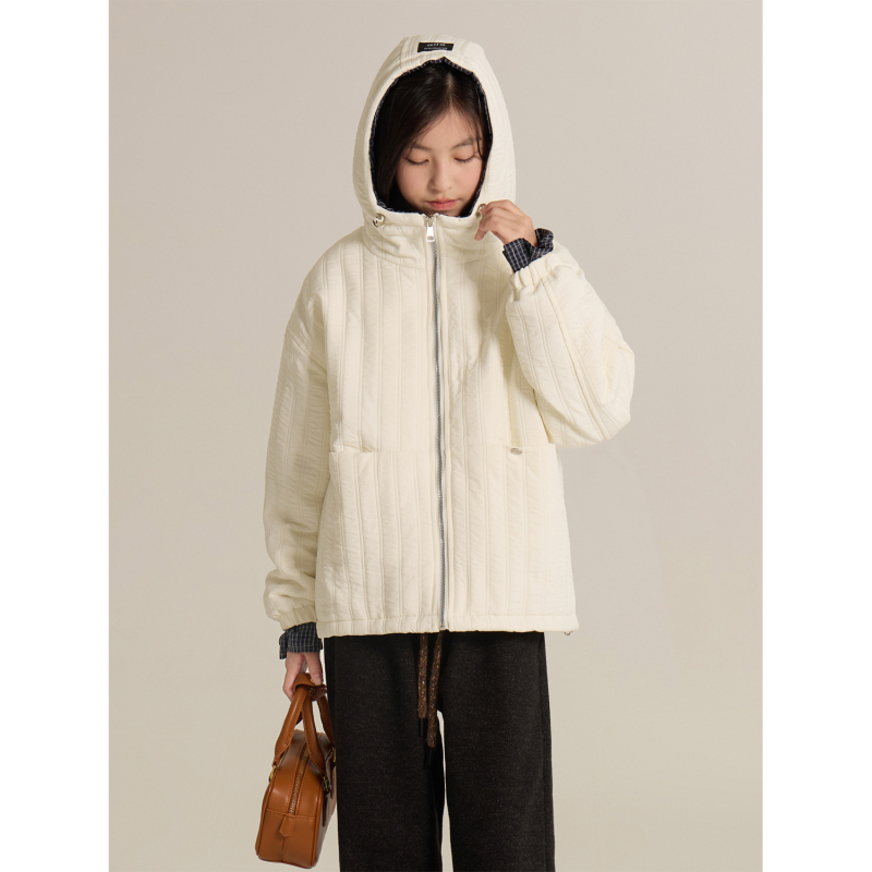 Geacă pentru fetițe cu patchwork, călduroasă, stil coreean, captușită, cu glugă, mâneci lungi, lungime medie, toamnă 2025