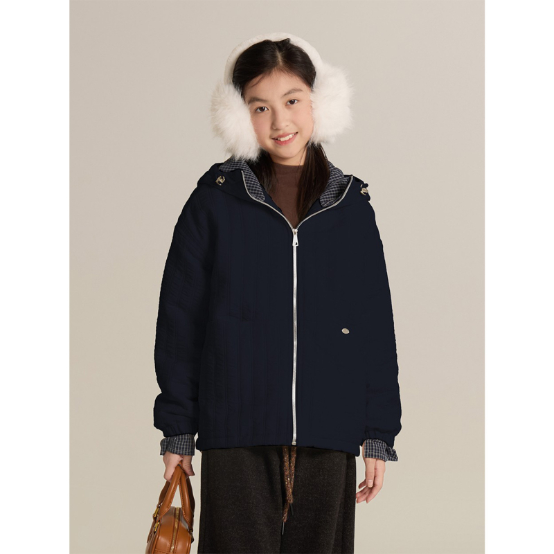 Geacă pentru fetițe cu patchwork, călduroasă, stil coreean, captușită, cu glugă, mâneci lungi, lungime medie, toamnă 2025